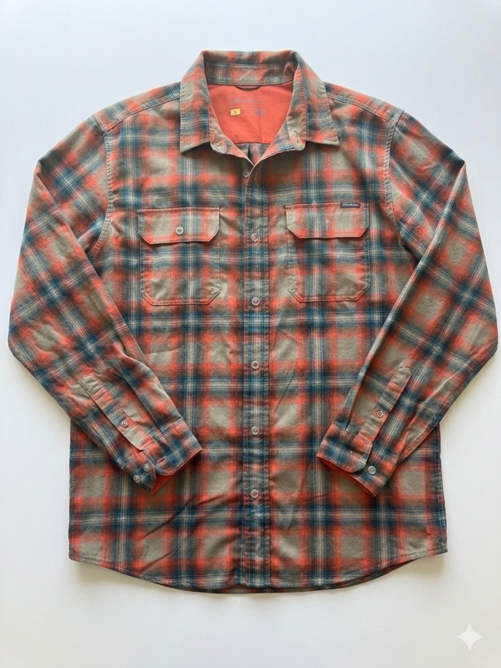 Eddie Bauer Classic Fit Plaid Flannel Button Up Shirt Orange & Blue Mens Large